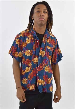 VINTAGE 90S BLUE ORANGE PATTERNED SHIRT
