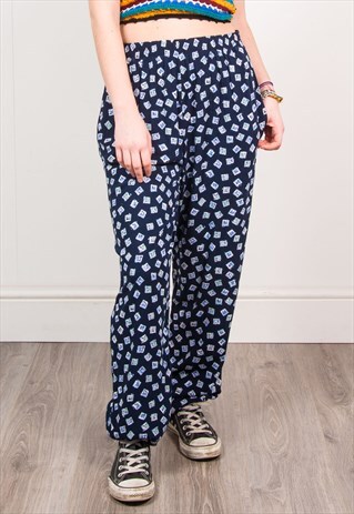 90'S BLUE PATTERN HIGH WAIST LOOSE SUMMER TROUSERS