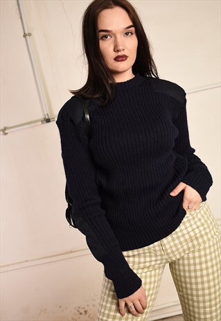 90'S RETRO WOOL MILITARY STYLE NAVY BLUE KNIT JUMPER