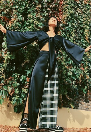 BLACK SATIN WRAP TOP WITH KIMONO SLEEVES