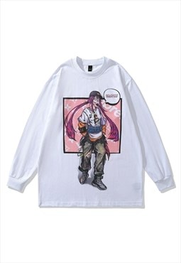 Anime t-shirt old Japanese cartoon long tee retro top white 