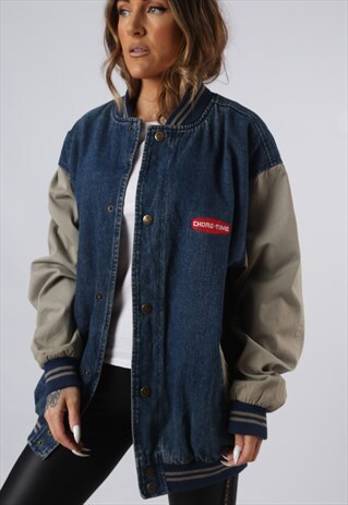 VINTAGE DENIM BOMBER JACKET LINED VARSITY UK 16 18 (JAEU)
