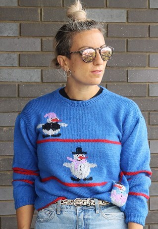 VINTAGE 1990S SNOWMEN KNITTED CHRISTMAS JUMPER