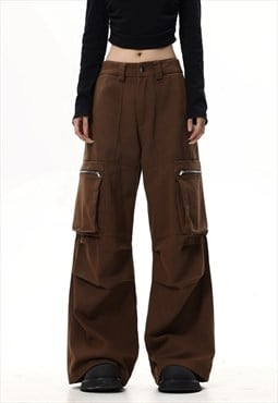 Parachute joggers cargo pocket pants rave trousers in brown