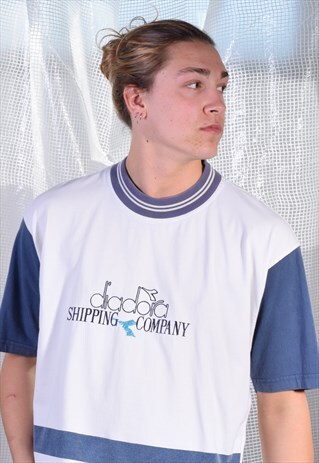 VINTAGE DIADORA BLUE AND CREAM EMBROIDERED TEE
