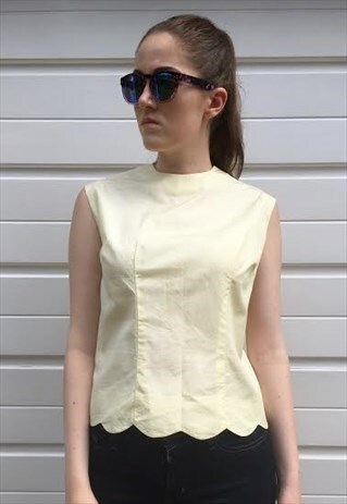 WOMENS 80S BLOUSE YELLOW TOP SLEEVELESS SCALLOPED VEST