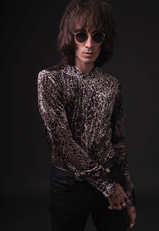MENS BLACK LEOPARD VELVET KAFTAN KOKO SHIRT