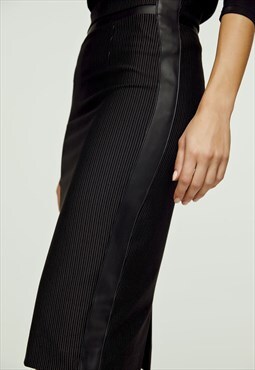 Black Pencil Skirt with Leather Detail