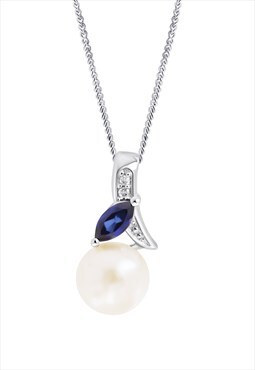 Freshwater pearl, diamond & created  sapphire necklace