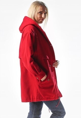 RED WOOL HOODED PARKA COAT