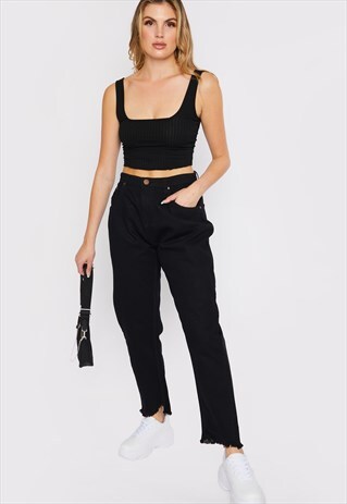 HIGH WAISTED FRAYED MOM JEANS - BLACK