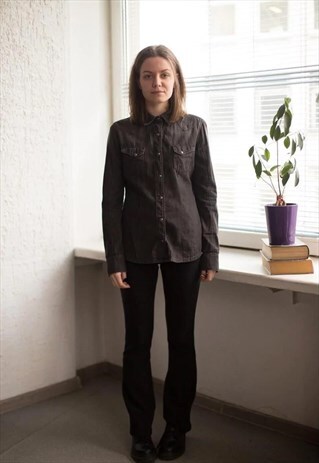 VINTAGE 90'S DARK GREY BUTTON UP DENIM SHIRT