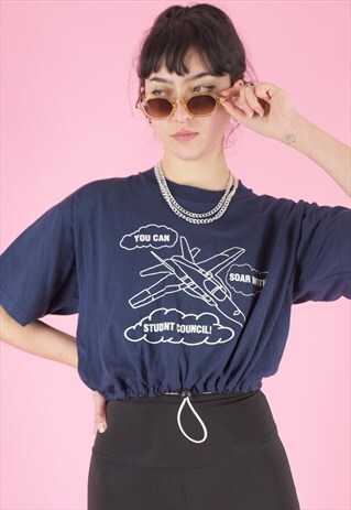 VINTAGE 90S REWORKED CROP TOP BLUE W STUDENT COUNCIL PRINT