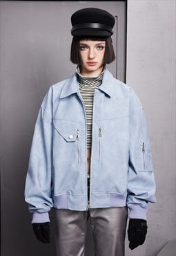 Faux leather varsity jacket PU college bomber in pastel blue