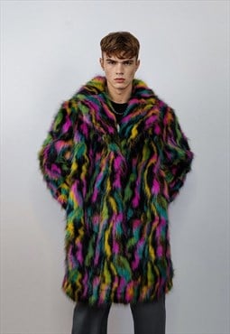 Faux fur long striped neon coat festival trench rave bomber