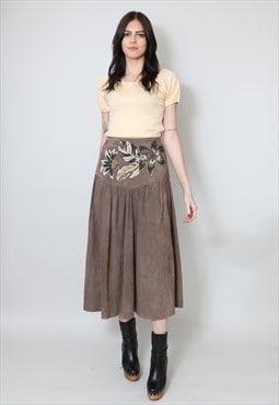 Ladies Vintage 80's Skirt Soft Brown Floral Suede Midi 