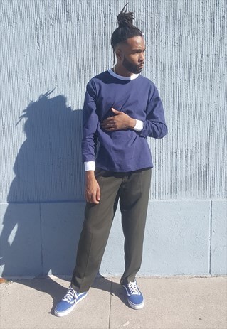 90S MINIMALIST SKATER BLUE LONG SLEEVE RINGER TEE MEDIUM