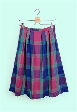 80's 90's High Waist Plaid Check Full Skirt with Pleats