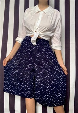 Vintage 80s wide-leg culottes, navy, polka dots, uk14/16