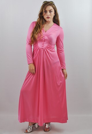 VINTAGE 70S PINK CARNEGIE PROM MAXI SUMMER WEDDING DRESS