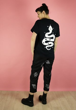 SPACE SNAKE MOON PHASE BACK GRAPHIC PRINT T-SHIRT TOP BLACK