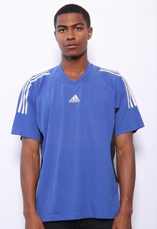 VINTAGE ADIDAS CENTRAL LOGO THREE STRIPE T-SHIRT BLUE