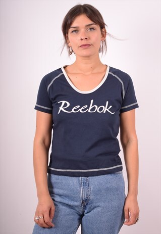 REEBOK WOMENS VINTAGE T-SHIRT TOP MEDIUM NAVY BLUE 90S