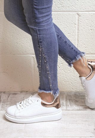 QUEENIE WHITE OVERSIZED DOUBLE SOLE ROSE GOLD HEEL TRAINER
