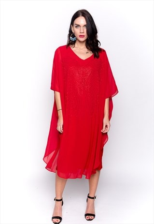 PEARL EMBELLISHED BUTTERFLY PATTERN OVERSIZED KAFTAN DRESS