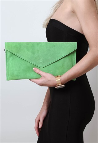 LIME GREEN SUEDE ENVELOPE CLUTCH BAG