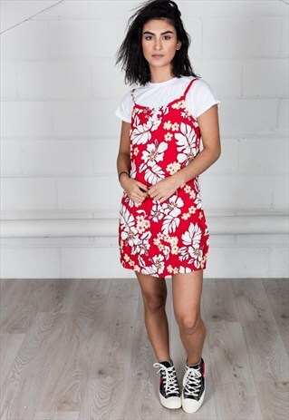 VINTAGE RED WHITE HAWAII FLOWER SUMMER DRESS