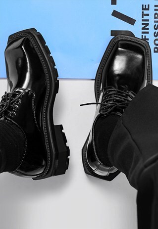 Square heel shoes platform brogues high fashion boots black