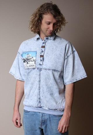 90'S FESTIVE ACID WASHED SHIRT WITH VINTAGE PRINT