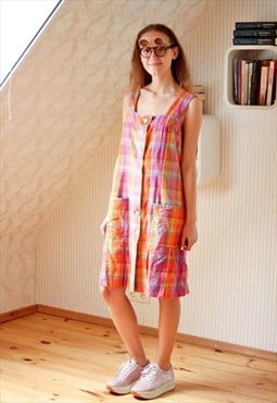 Bright orange checked sleeveless cotton dress