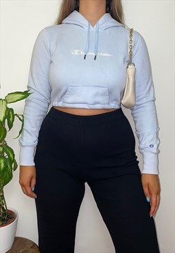 Vintage Reworked Champion Baby Blue Spell Out Cropped Hoodie
