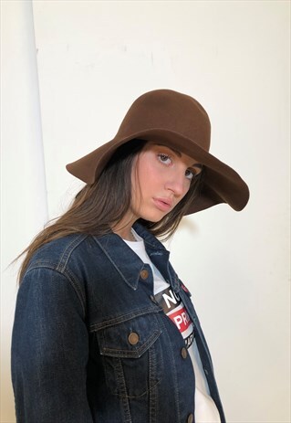 VINTAGE 1970'S WIDE BRIM WOOL HAT FEDORA IN BROWN