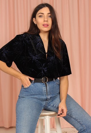 VINTAGE 80S VELVET BLOUSE WITH GLITTER PATTERN