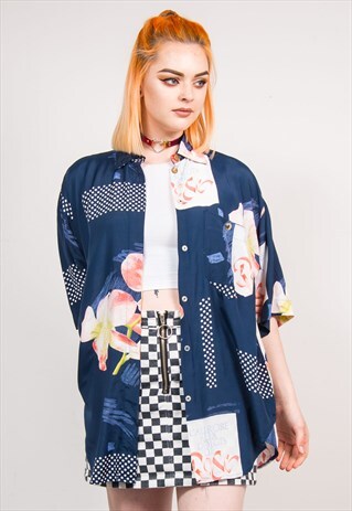 90'S VINTAGE BLUE FLOWER PATTERN OVERSIZE SHORT SLEEVE SHIRT