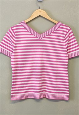 Vintage Y2K Stripe V Neck Top Pink White Short Sleeve 
