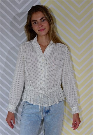 SHIRT, WHITE BLOUSE, VINTAGE 80S, POLKA DOTS & FRILLS