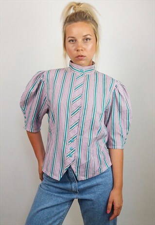 VINTAGE 90'S PUFF SLEEVE STRIPED BUTTON-UP SHIRT / BLOUSE