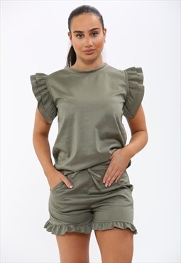 Women's Frill Peplum Short Sleeve Top Shorts Co-ord Set