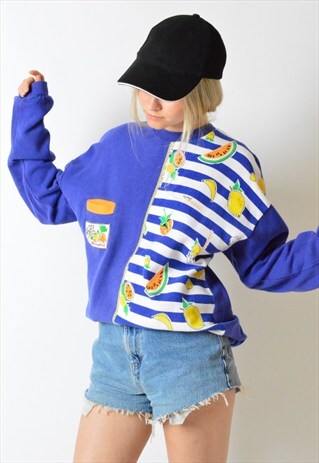 VINTAGE 90S BLUE COLOURFUL STRIPED FRUIT SWEATSHIRT JUMPER