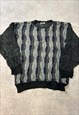 VINTAGE KNITTED JUMPER ABSTRACT PATTERNED GRANDAD SWEATER