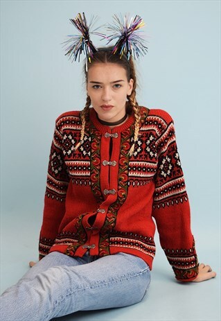 80'S RETRO NORDIC FAIR ISLE WOOL KNIT CHRISTMAS CARDI JUMPER