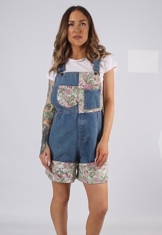 VINTAGE DENIM DUNGAREE SHORTS FLORAL UK 10 - 12 (HDAD)