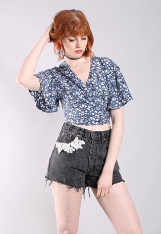 VINTAGE 80S SILK CROPPED FLORAL PATTERNED WRAP TOP