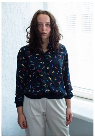 VINTAGE 70'S BLACK PATTERNED BLOUSE
