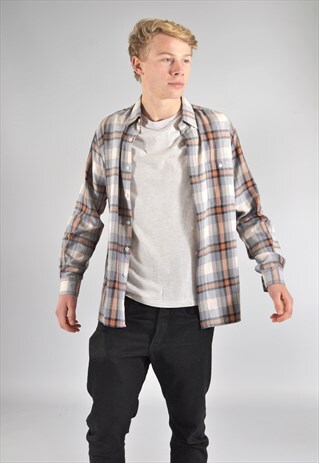 VINTAGE GREY & ORANGE CHECKED FLANNEL SHIRT