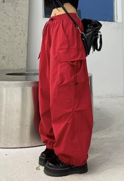 Parachute pants multi pocket cargo beam joggers in red